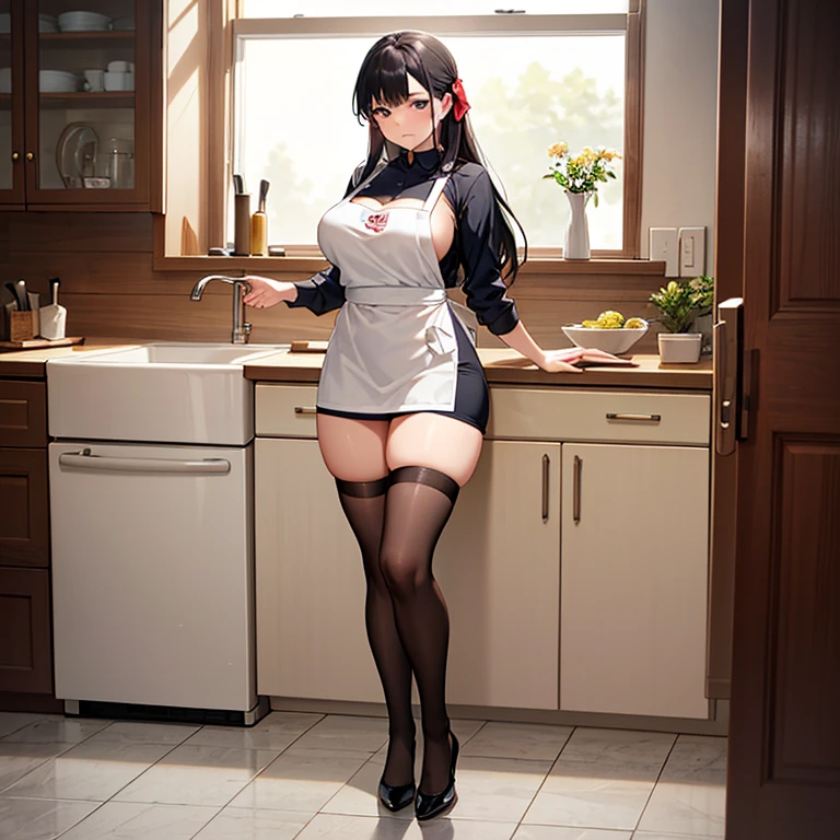 A woman who is，No clothes on，All I have on me is an apron，Washing dishes，voluptuous figure，slender leg，hands behind the back，Slightly sideways，Shy expression with bowed head，Best Picture Quality，Full body photo，Black stockings on her legs