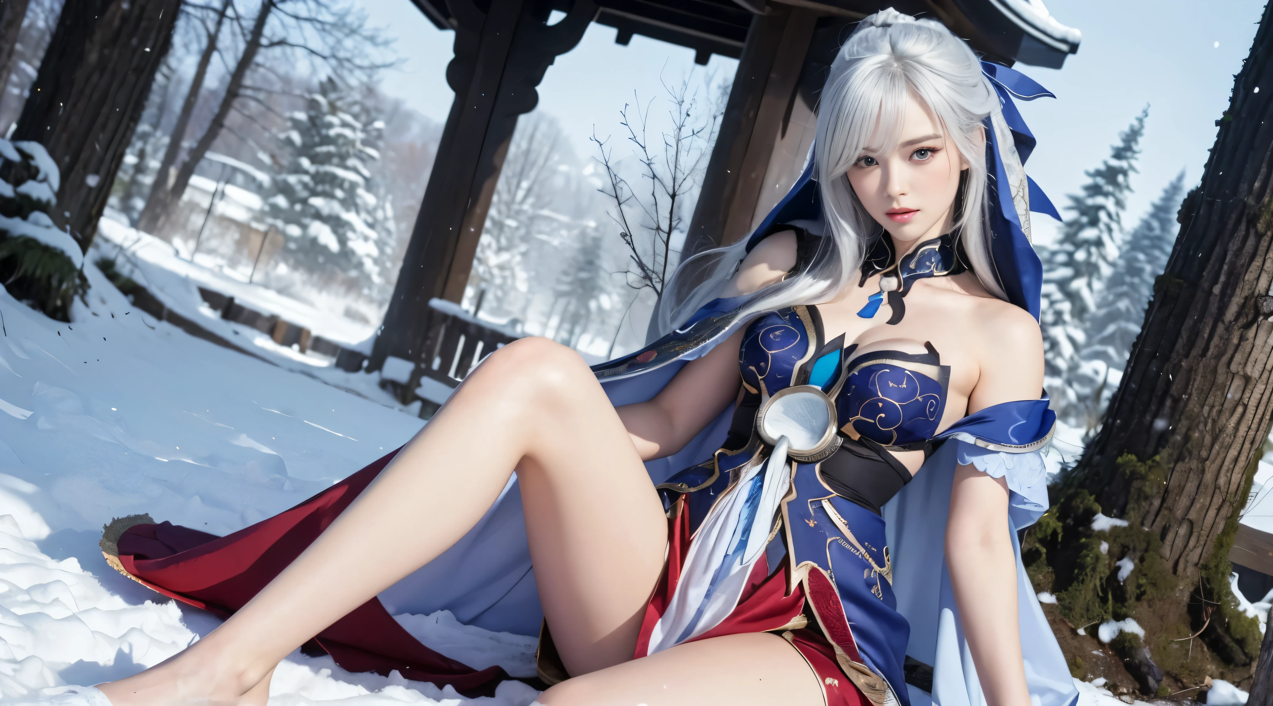 Jingliu, Photorealistic, high resolution, 1 Women, Solo, Hips up,(Lolita costume)， Beautiful eyes, White hair, ringed eyes, (Sit，Cloak，snowfield)，((spread their legs))