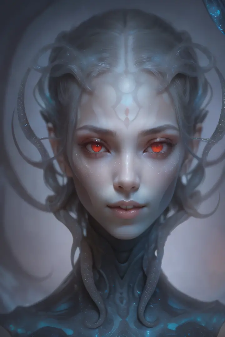 Portrait, (beautiful female alien:1.2),  (she has red eyes with no pupils:1.8), (Translucent skin:1.7),  (There is a female geni...
