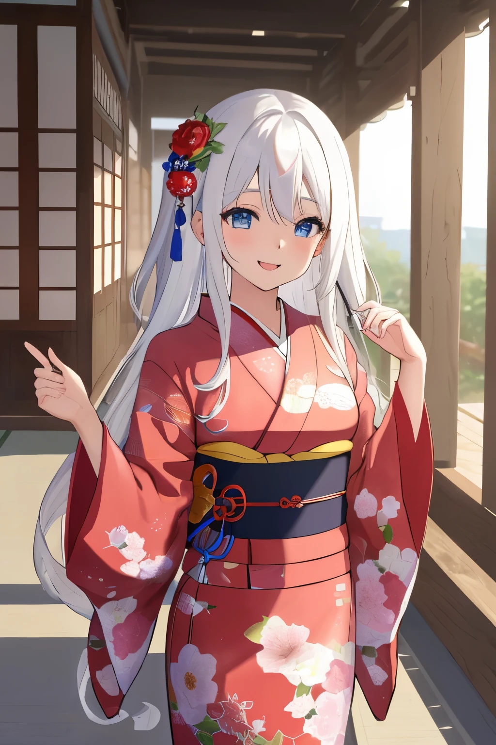 Anime girl in kimono outfit with flower in hair and blue eyes - SeaArt AI