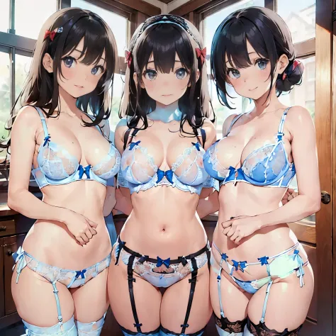 3girls,(OpenBra:1.8),Jewelry,(bow bra:1.8),White ribbon,pale skin, the ring,Best Quality,Highly detailed,hight resolution,8K,Raw photo,Realistic,depth of fields,Vivid colorful,(fishnets thighhighs:1.2),(Garter Belt:1.2),(Angle from which you can see the wh...