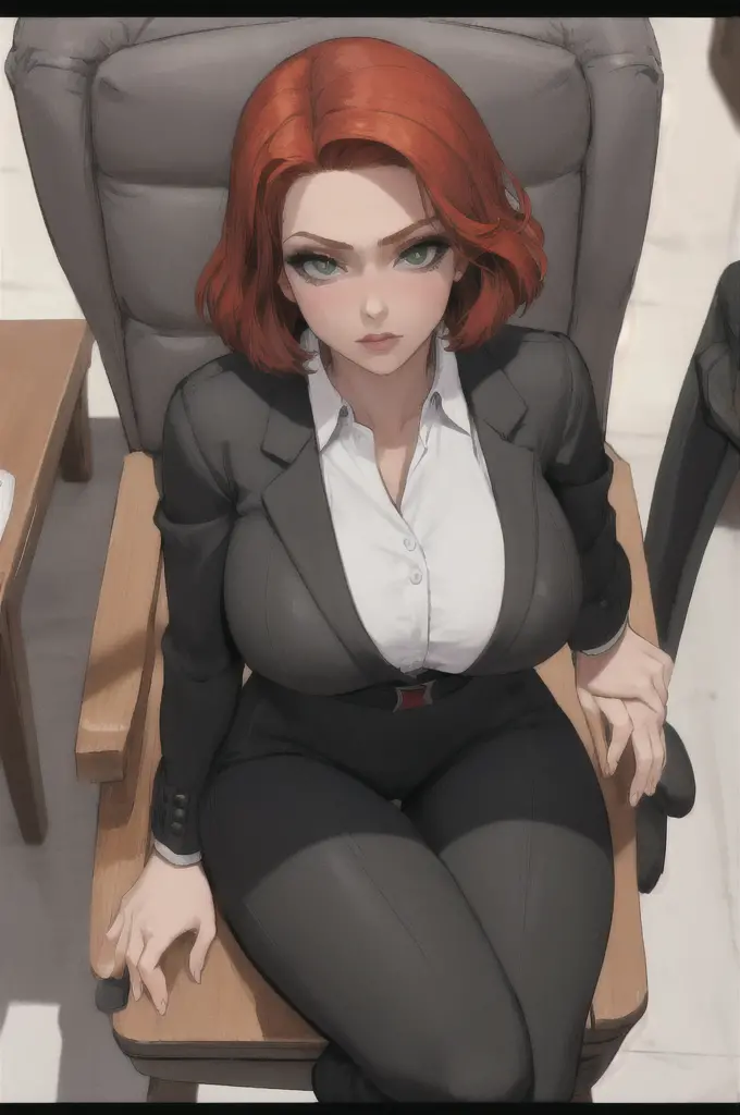 masterpiece, best quality,  blkwidow, black necktie, white shirt, collared shirt, black pants, large breasts, sitting, from abov...