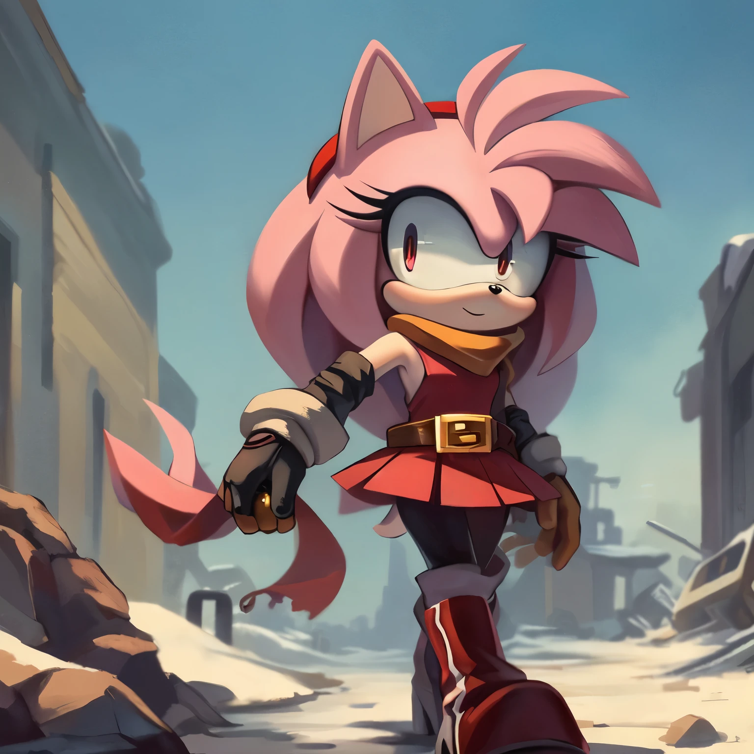 Sonic the hedgehog in a red outfit walking through a city - SeaArt AI