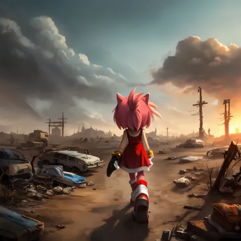 Amy Rose but older and walking in an apocalyptic wasteland