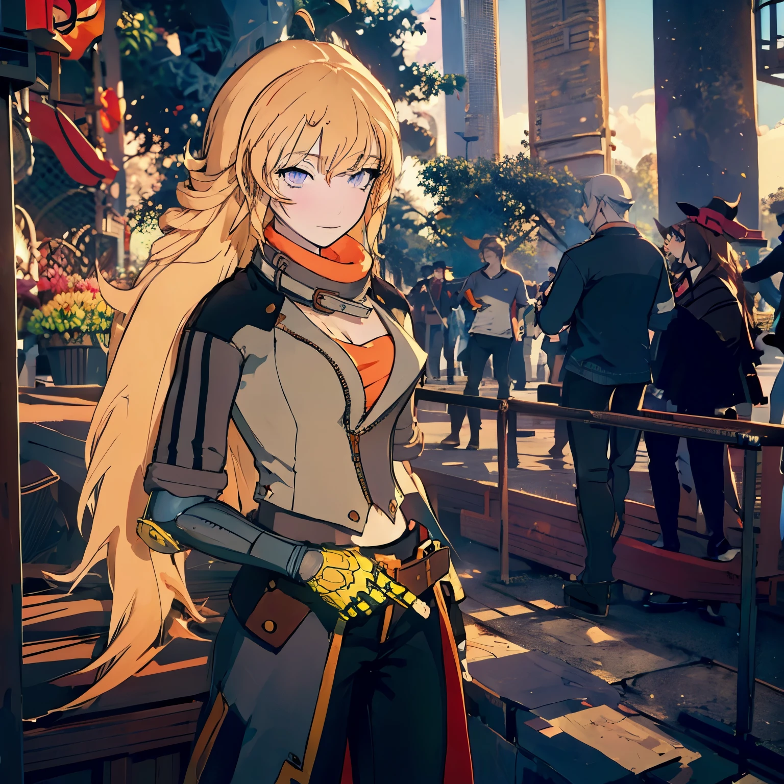 Yang Xiaolong, Yang Xiaolong, Long hair, Blonde hair, (Purple eyes:1.1), Ahoge, Bangs,Breaking cleavage, Jacket, Belt bag, mechanical arms, シングルmechanical arms, prosthesis, Left hand is a prosthetic hand,BREAK outdoors,BREAK looking at viewer, (Cowboy Shot:1.5),BREAK (masutepiece:1.2), Best Quality, High resolution, Unity 8k壁纸, (Illustration:0.8), (Beautiful detailed eyes:1.6), extra detailed face, Perfect Lighting, extremely details CG, (Perfect hands, Perfect Anatomy),Long pants