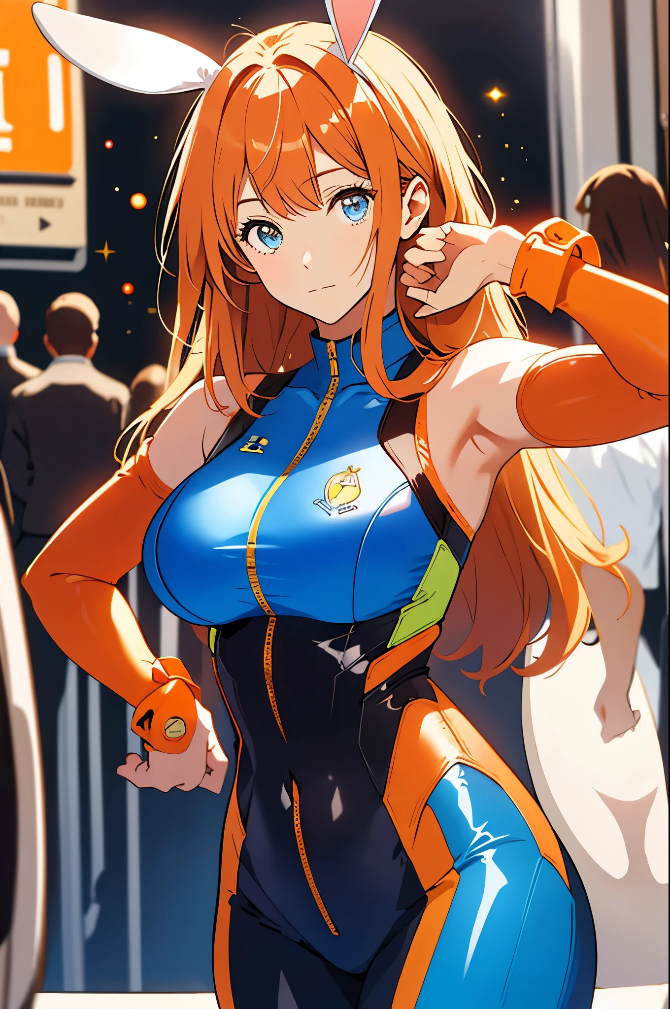 ​masterpiece, top-quality, realistic, 1 person, female, long messy orange hair with bangs, (blue eyes) space hero, bunny girl, (orange bunny ears), cyan body suit, sleeveless suit, sci-fi