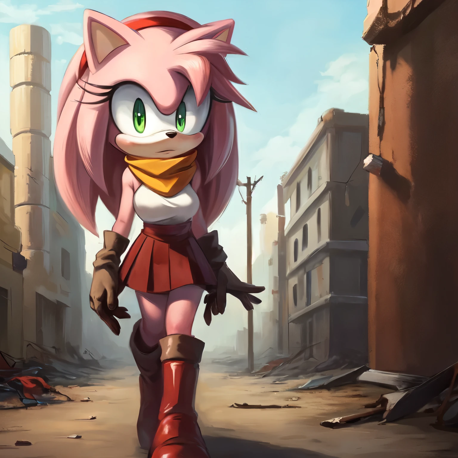 Sonic the hedge girl in a red skirt and boots walking through a city -  SeaArt AI