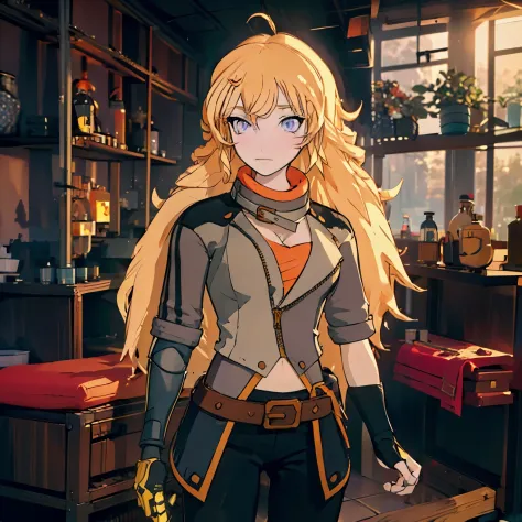 Yang Xiaolong, Yang Xiaolong, Long hair, Blonde hair, (Purple eyes:1.1), Ahoge, Bangs,Breaking cleavage, Jacket, Belt bag, mecha...