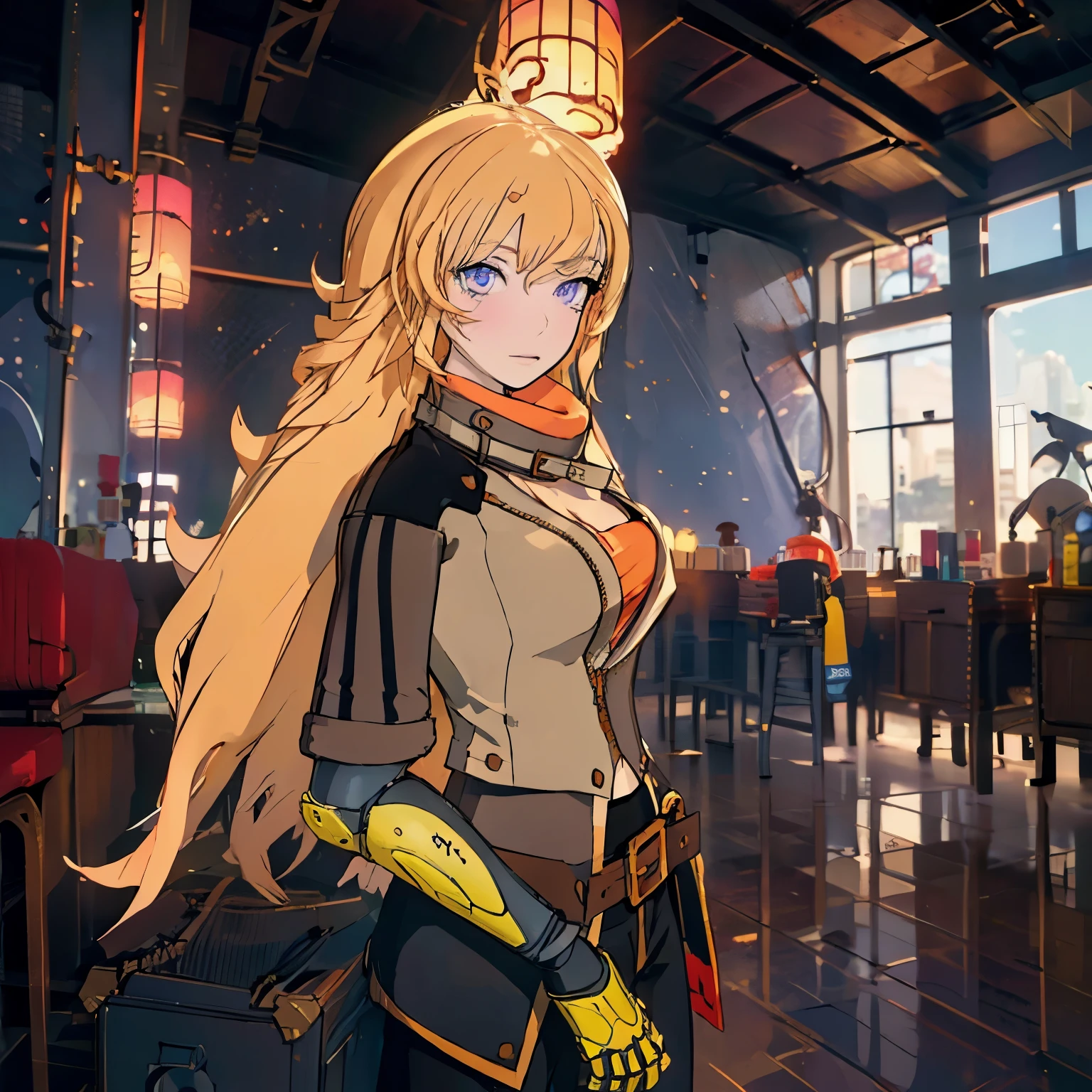 Yang Xiaolong, Yang Xiaolong, Long hair, Blonde hair, (Purple eyes:1.1), Ahoge, Bangs,Breaking cleavage, Jacket, Belt bag, mechanical arms, シングルmechanical arms, prosthesis, Left hand is a prosthetic hand,BREAK outdoors,BREAK looking at viewer, (Cowboy Shot:1.5),BREAK (masutepiece:1.2), Best Quality, High resolution, Unity 8k壁纸, (Illustration:0.8), (Beautiful detailed eyes:1.6), extra detailed face, Perfect Lighting, extremely details CG, (Perfect hands, Perfect Anatomy),Long pants