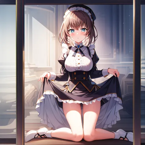 1 girl, , alone, raised your legs, long_the hair, a skirt, black_the hair, maid_hats, lookingat_take a step back, lookingat_show...