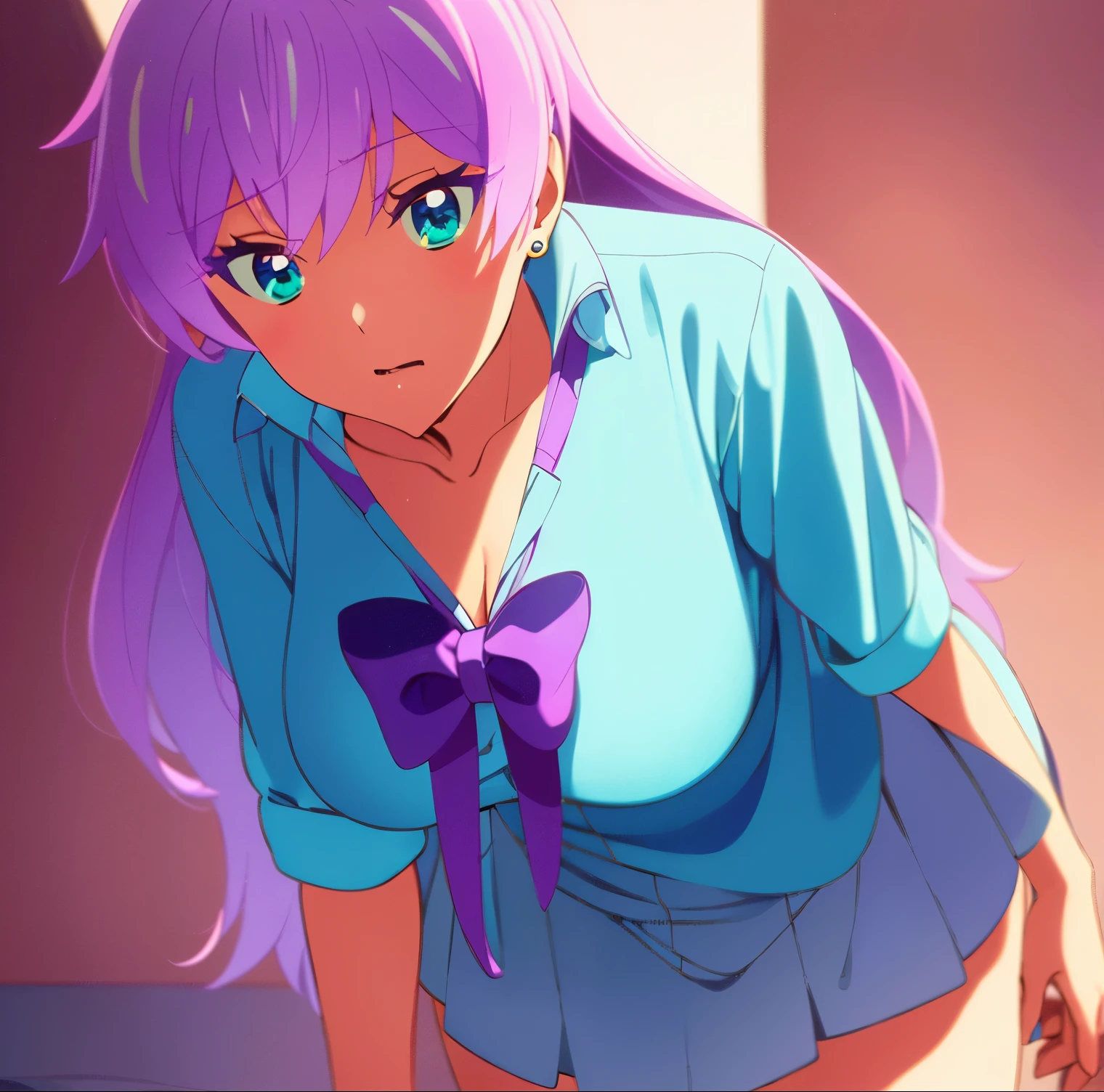 Anime girl with purple hair and blue shirt posing for camera - SeaArt AI