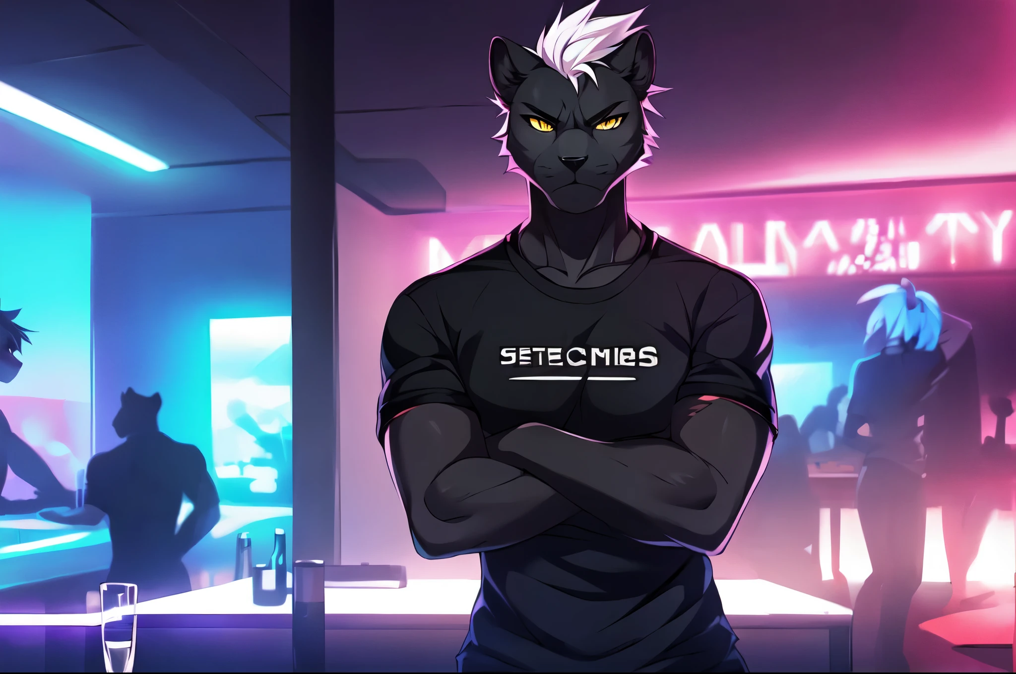 Anime character with white hair and black shirt standing in a bar - SeaArt  AI