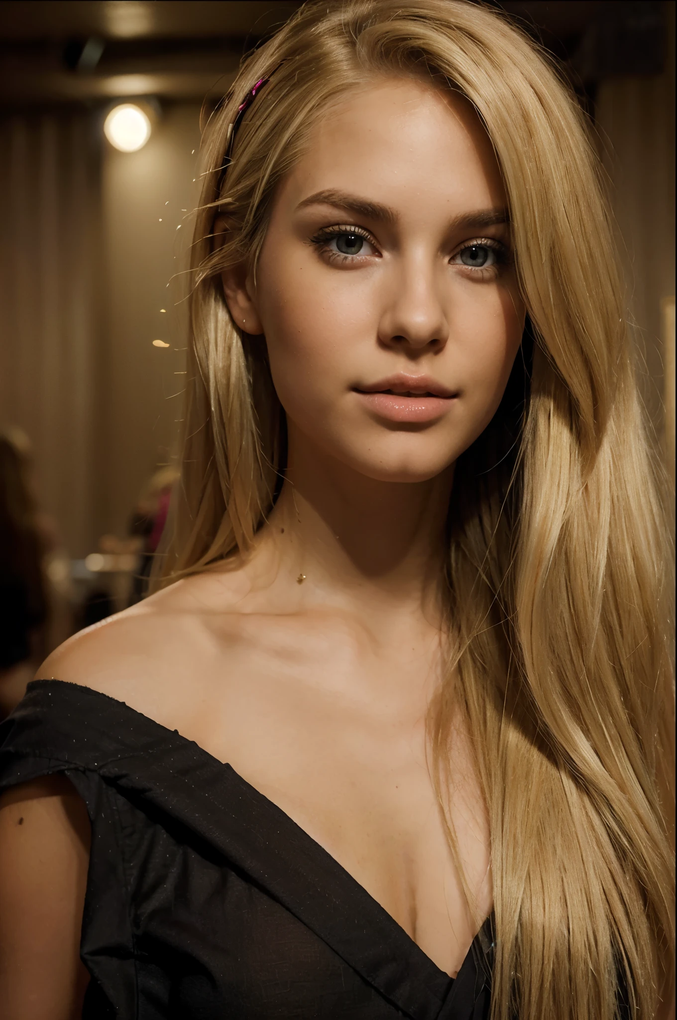 A close up of a woman with long blonde hair and a black dress - SeaArt AI