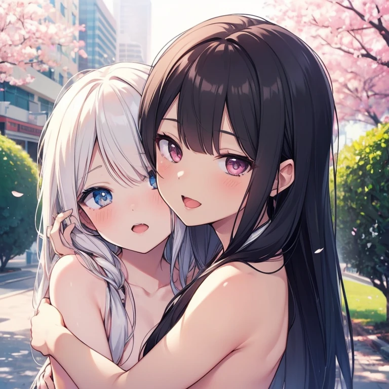 ultra-detailliert, Best Quality, hight resolution, moe-anime, ((Two cute naked girls with black hair and sagging eyes, wearing round glasses, face each other and hug each other.)), Pretty eyes, Detailed eye depiction, Eye sparkle, Looking at Viewer, pale skin, (((Petite))), (big eye:1.4), a smile, Focus on the face, In the park where cherry blossoms dance, (((face only:1.3))), ((naked)), Bright eyes, from side, ((bustshot)), open mouth