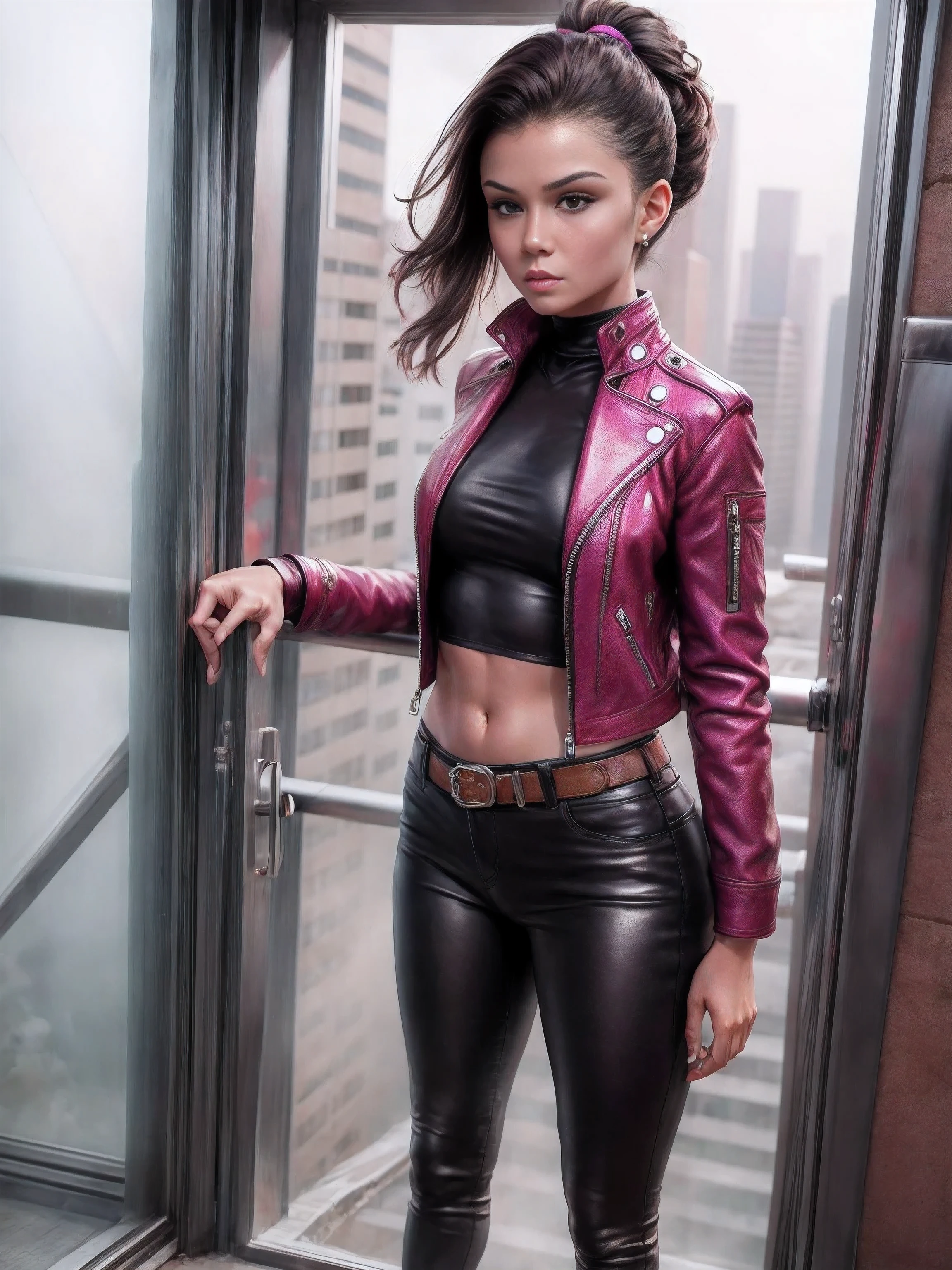 Super realistic, 4k, shoes shot view, a woman Korean face with ponytail style hair and magenta leather jacket, magenta leather pant, brown leather belt, brown leather glove and magenta high leather shoes and standing on top of building in the night with fog and super big green moon lighting and assassin cowboy style look.