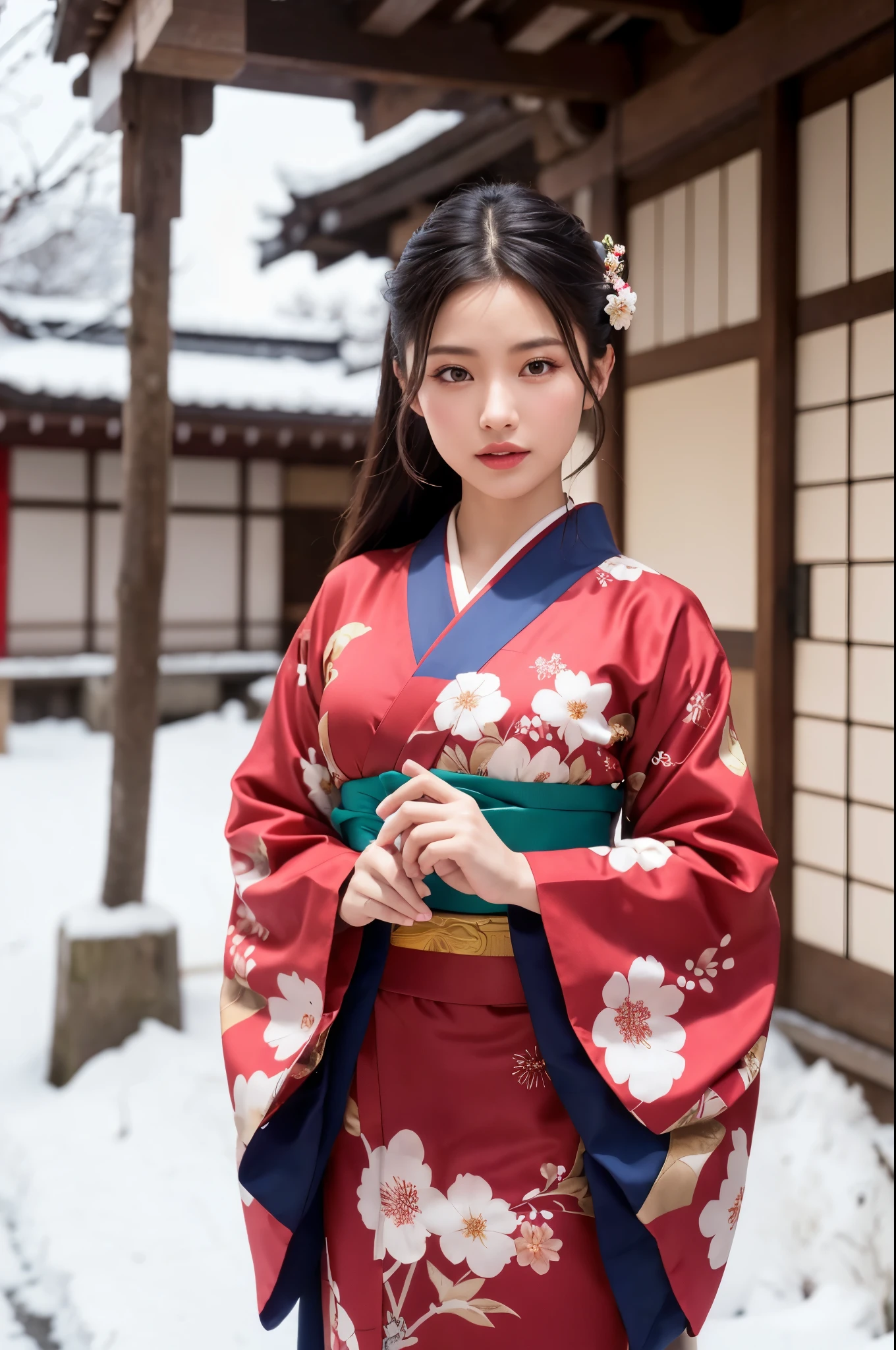 雪景色の中の日本の神社, 元旦の早朝, ((新年を祝うために長袖の着物を着た美しい日本の女の子, 花柄, 毛皮の)), 一人で, (写実的な:1.4), 傑作, 最高品質, 8K, 超高解像度, カウボーイショット, 日本のアイドルのように, とてもかわいい, エレガント, 少し魅惑的, 唇を離した, ツヤのある肌, シネマティックな構図, プロフェッショナルな温かみのある照明と陰影, 非常に詳細な目と顔], 細部まで美しい目, 非常に詳細で美しいリアルな肌の質感, (体のバランスを整える, 正確な手, 正確な目)