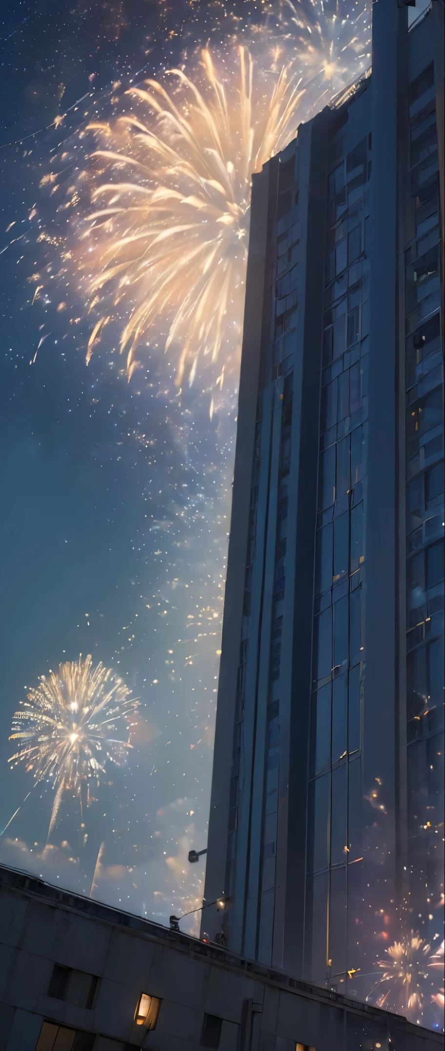 ((Realistic light, Best Quality, 8K, ​masterpiece: 1.3)), Late night building street, ((Electric bulletin board on the building wall〝0:Displays 00″ hours)), ((Crowd looking up at the night sky)), ((Many big fireworks are set off)), Cyber City, photoRealstic, in the middle of a big intersection, View the sky between the buildings from below,