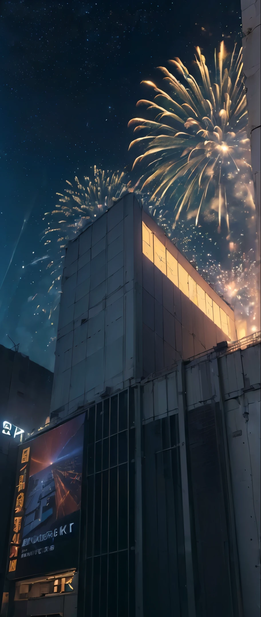 ((Realistic light, Best Quality, 8K, ​masterpiece: 1.3)), Late night building street, ((Electric bulletin board on the building wall〝0:Displays 00″ hours)), ((Crowd looking up at the night sky)), ((Many big fireworks are set off)), Cyber City, photoRealstic, in the middle of a big intersection, View the sky between the buildings from below,