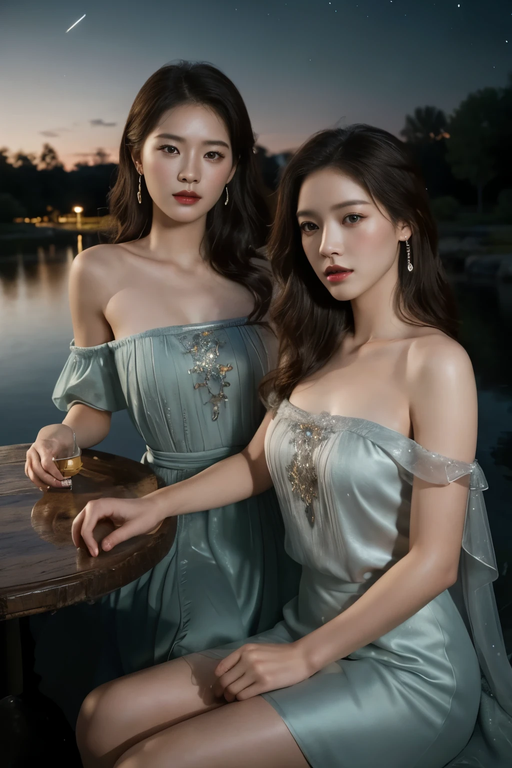 ((Ultra long exposure photography)) high qulity, The is very detailed, Realistic close-up portrait of two beautiful Chinese women, complex and detailed eyes,,Open the shoulders,skirt lift,Two mysterious women sitting by the pond, Capture the romantic atmosphere under the stars.POV, by lee jeffries, nikon d850, film stock photograph ,4 kodak portra 400 ,camera f1.6 lens ,rich colors ,hyper realistic ,lifelike texture, dramatic lighting , cinestill 800,