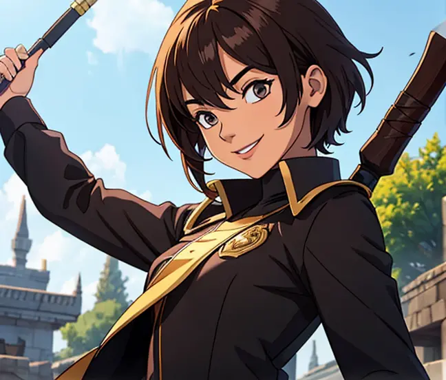 Female, student, short brown hair, fantasy setting, nunchucks, black academy uniform, smiling.