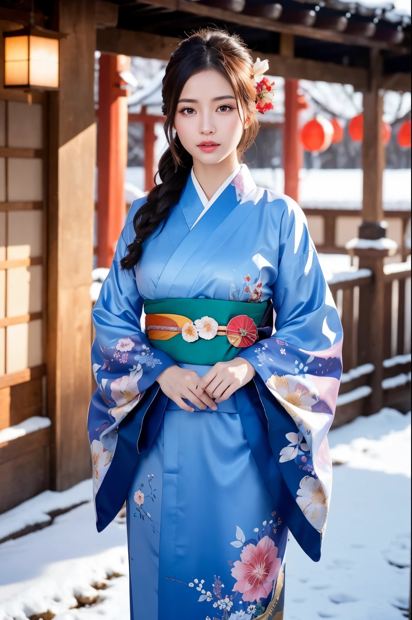 雪景色の中の日本の神社, 元旦の早朝, ((新年を祝うために長袖の着物を着た美しい日本の女の子, 花柄, 毛皮の)), 一人で, (写実的な:1.4), 傑作, 最高品質, 8K, 超高解像度, カウボーイショット, 日本のアイドルのように, とてもかわいい, エレガント, 少し魅惑的, 唇を離した, ツヤのある肌, シネマティックな構図, プロフェッショナルな温かみのある照明と陰影, 非常に詳細な目と顔], 細部まで美しい目, 非常に詳細で美しいリアルな肌の質感, (体のバランスを整える, 正確な手, 正確な目)