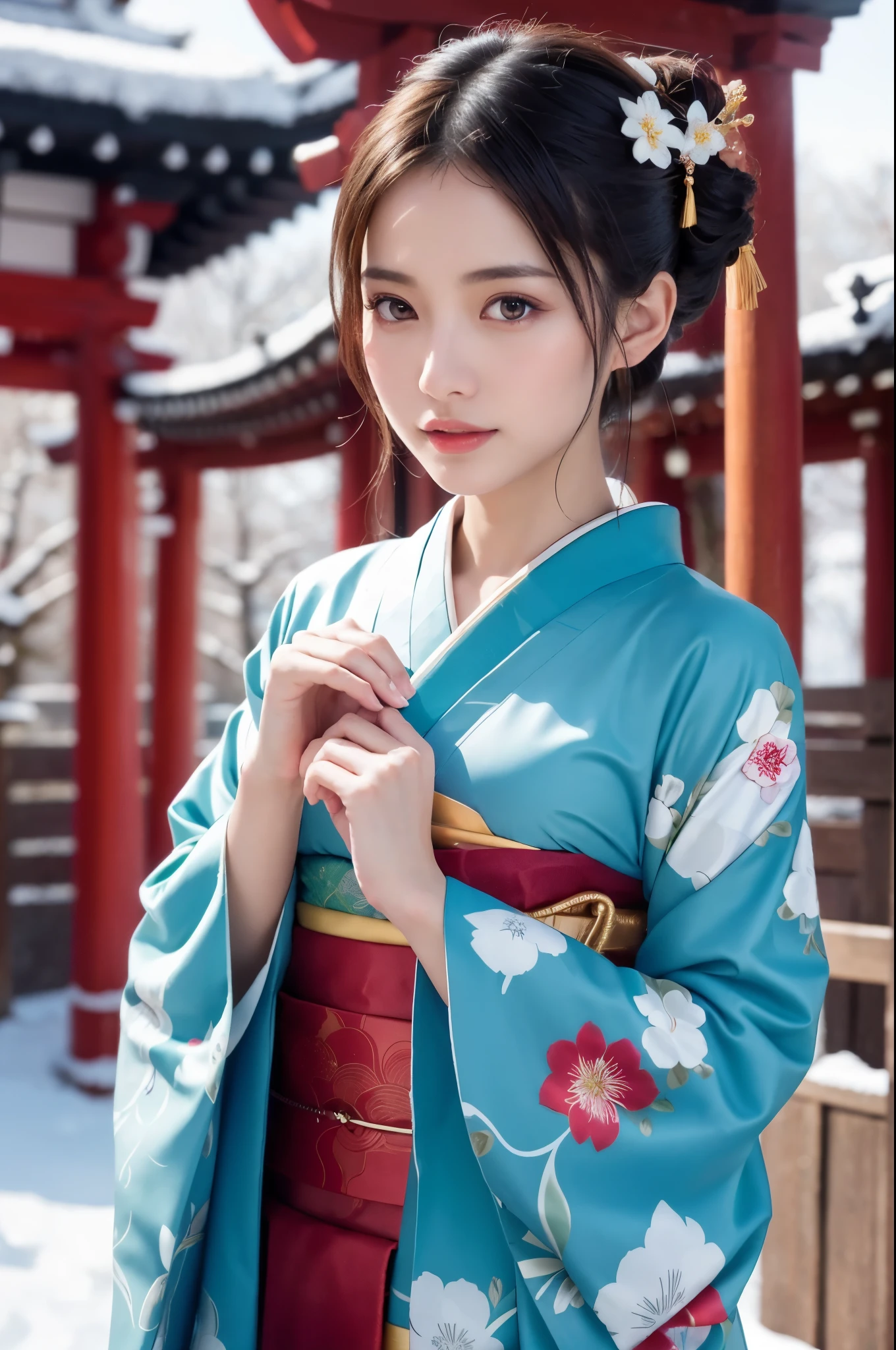 Japanese shinto shrines in snowy landscapes, Early morning of New Year's Day, ((A beautiful Japanese girl in a long-sleeved kimono for New Year's celebration, floral print, fur-piece)), solo, (Photorealistic:1.4), masterpiece, Best Quality, 8K, ultra high-resolution, cowboy shot, Like a Japanese Idol, Extremely cute, elegant, Slightly bewitching, parted lips, glossy skin, cinematic composition, professional warm lighting and shading, extremely detailed eyes and face, eyes with beautiful details, insanely detailed beautiful realistic skin texture, (correct body balance, accurate hands, accurate eyes)