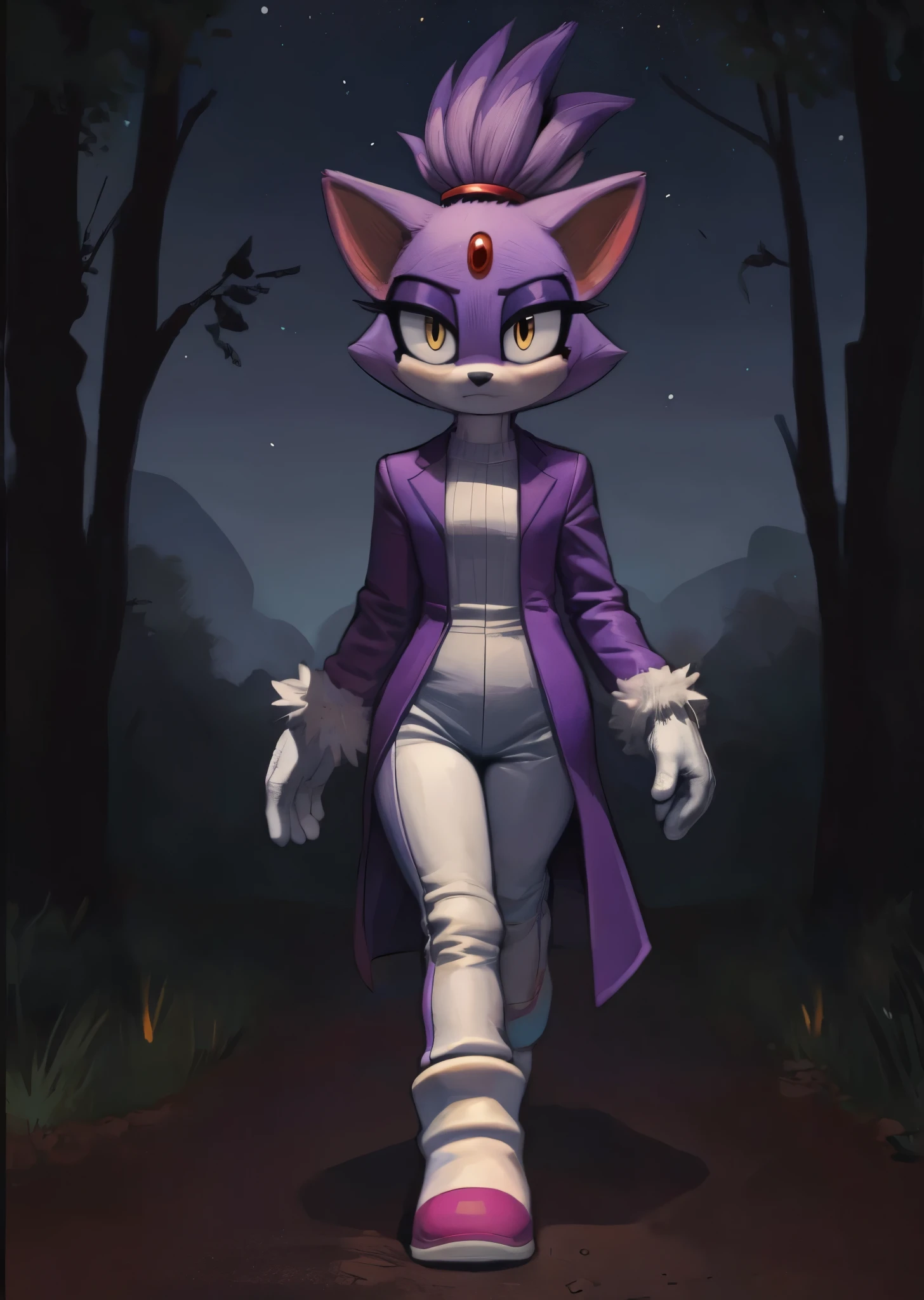 A cartoon cat with glasses and a purple coat walking in the woods - SeaArt  AI