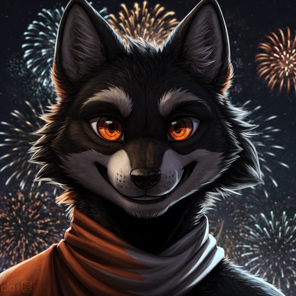 Male black fur wolf face (small smile, happy face), wearing white scarf, Looking towards the camera, front perspective, background fireworks, shiny fireworks, Head only, headshot perspective, orange eyes (red pupil (black line in the middle of pupil)). Ultra high graphic, ultra high quality,