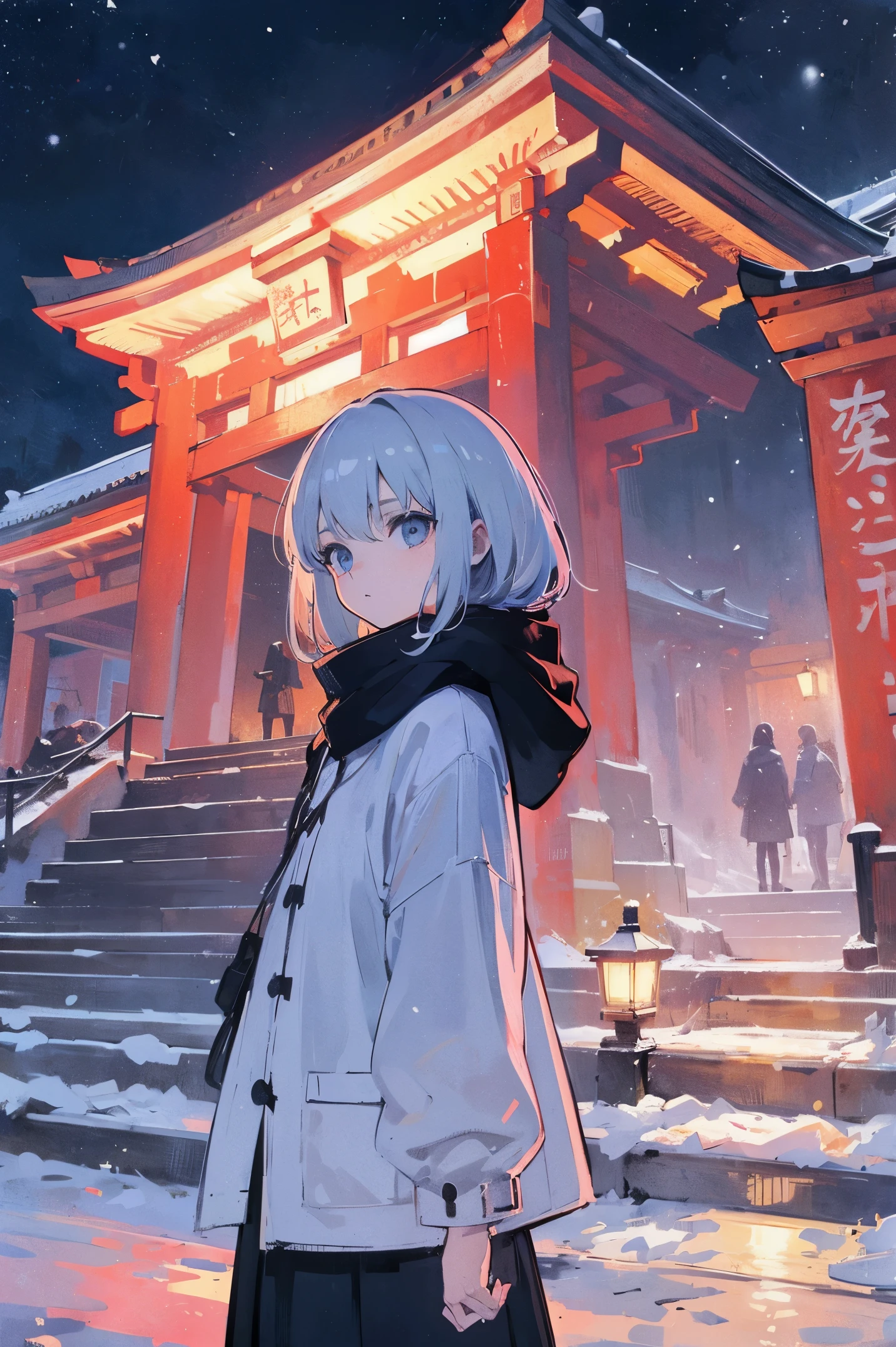 (​masterpiece、top-quality、Official art:1.2)、Look at viewers、(Little Girl))、（Winter clothes，colorless hair）（nighttime scene）（With the illuminated Meiji Shrine in the background），realisitic、(2D:1.5)