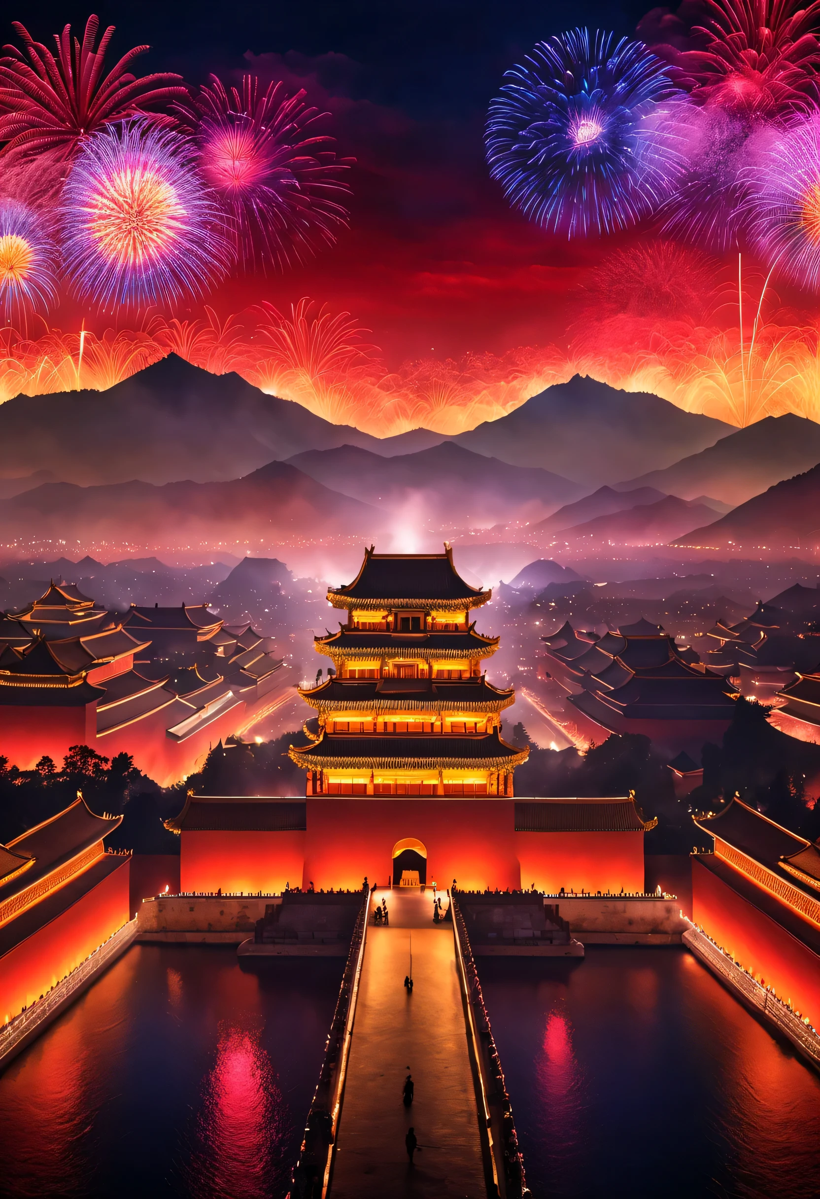 （giant projection《Thousands of miles of rivers and mountains》On the red wall of the Forbidden City in China），Huge LED screen，Inspired by Wang Ximeng of the Northern Song Dynasty《Thousands of miles of rivers and mountains map》volumetr，Light show，Fireworks bloom in the sky, Many ribbons and confetti fall in the air, (a happy new year)，everyone hopes，Tributes to Valerio Orgiatti,author：Shigeru Ban,Public places,Ray traching,globalillumination,colored lighting,modern, The content is very detailed, Best quality at best, tmasterpiece, A high resolution, photographyrealism, hyper realisitc, current, 8K,LED screen，high - tech，