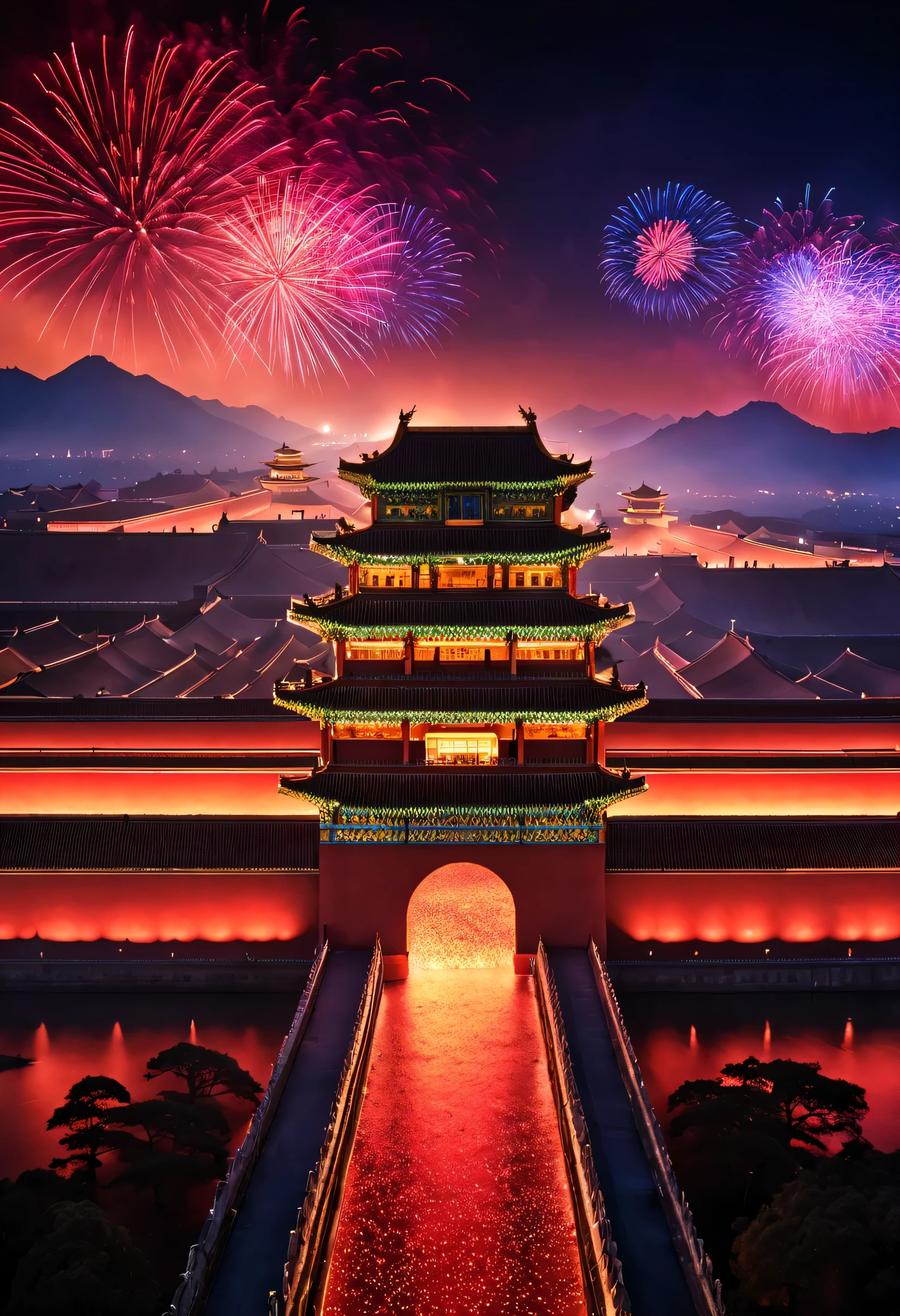 （giant projection《Thousands of miles of rivers and mountains》On the red wall of the Forbidden City in China），Huge LED screen，Inspired by Wang Ximeng of the Northern Song Dynasty《Thousands of miles of rivers and mountains map》volumetr，Light show，Fireworks bloom in the sky, Many ribbons and confetti fall in the air, (a happy new year)，everyone hopes，Tributes to Valerio Orgiatti,author：Shigeru Ban,Public places,Ray traching,globalillumination,colored lighting,modern, The content is very detailed, Best quality at best, tmasterpiece, A high resolution, photographyrealism, hyper realisitc, current, 8K,LED screen，high - tech，