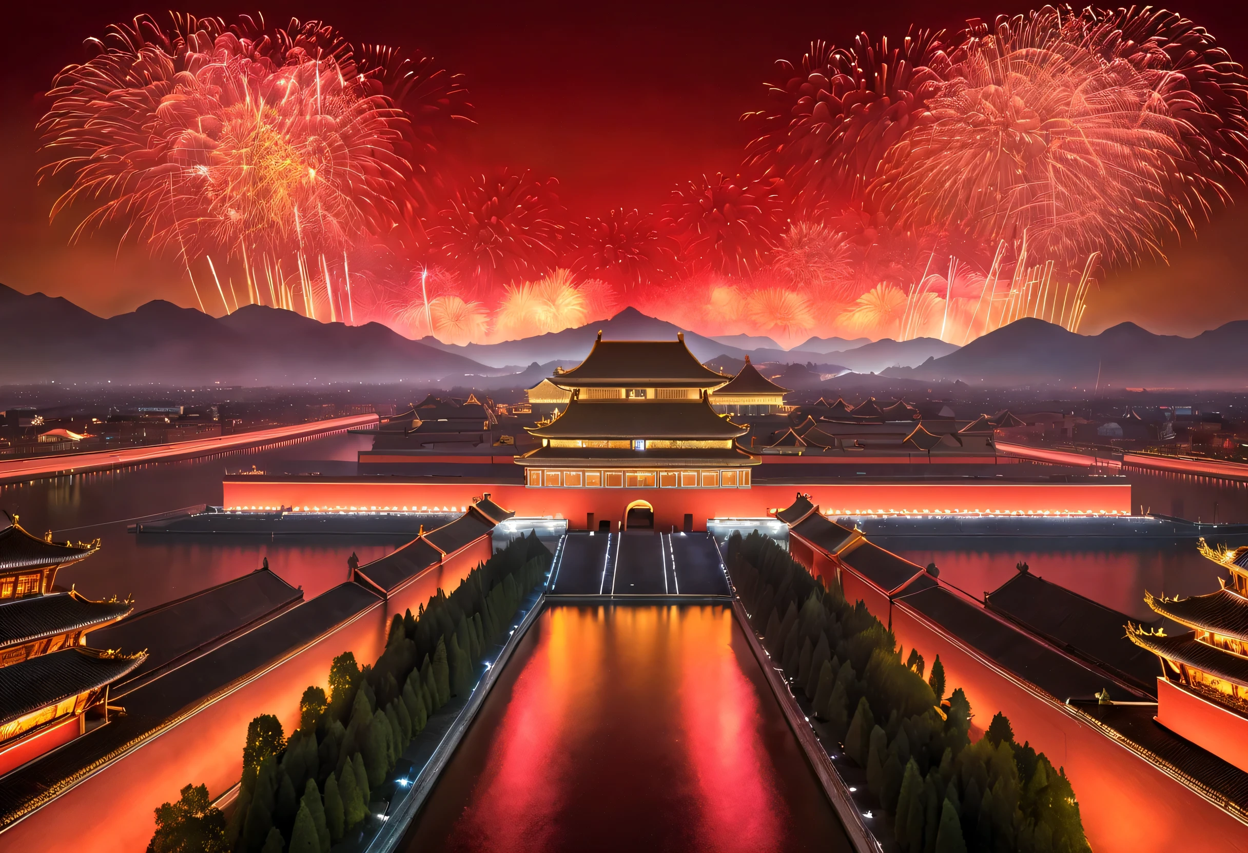 （giant projection《Thousands of miles of rivers and mountains》On the red wall of the Forbidden City in China），Huge LED screen，Inspired by Wang Ximeng of the Northern Song Dynasty《Thousands of miles of rivers and mountains map》volumetr，Illumination Show，Fireworks bloom in the sky, Many ribbons and confetti fall in the air, (a happy new year)，everyone hopes，Tributes to Valerio Orgiatti,author：Shigeru Ban,Public places,ray traycing,globalillumination,colored lighting,modern, The content is very detailed, Best quality, tmasterpiece, A high resolution, photographyrealism, hyper realisitc, current, 8K,LED screen，high - tech，