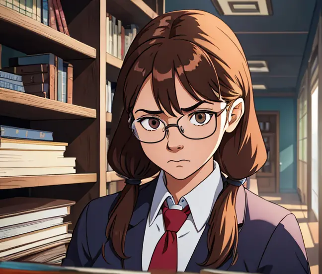 Female, high school student, brown hair pigtails, glasses, books, serious facial expression, white academy uniform, fantasy sett...