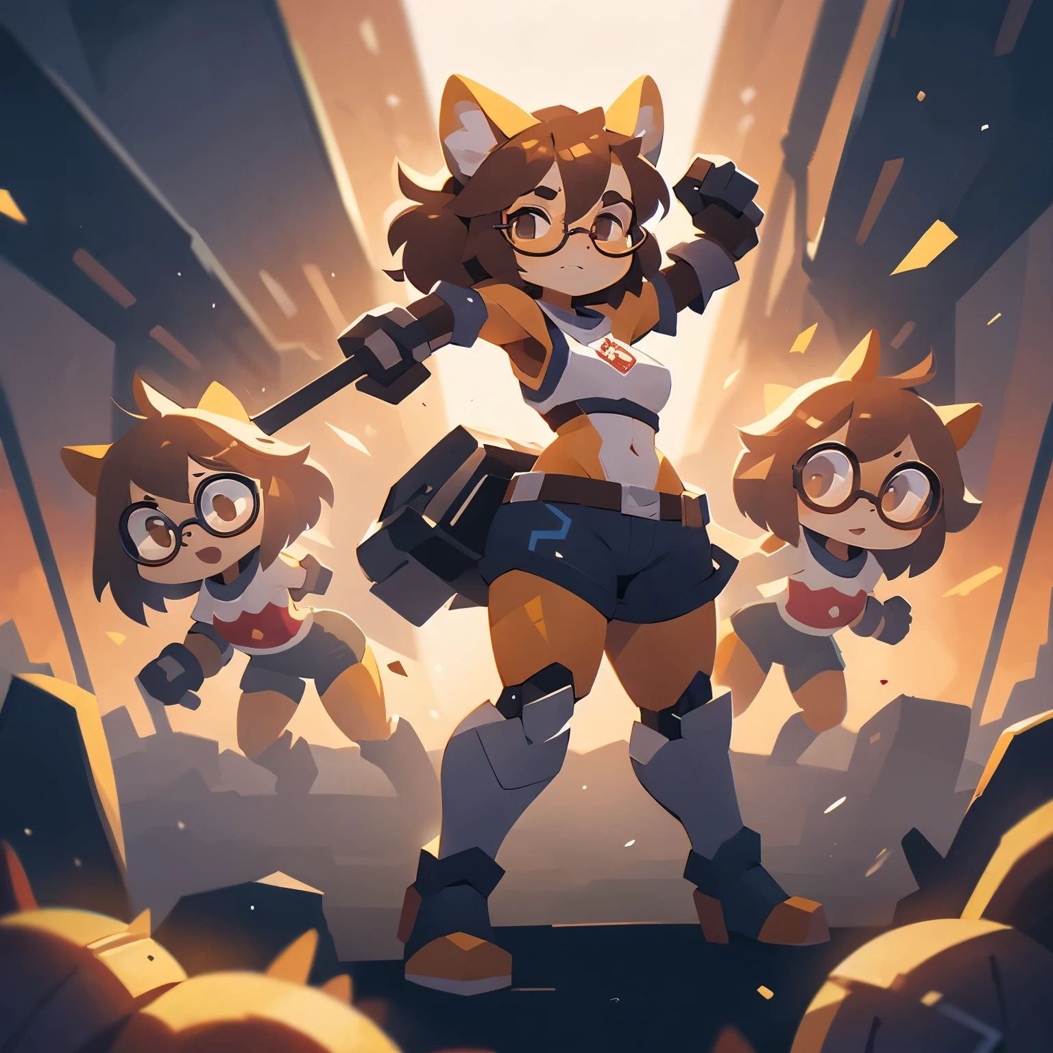 "I want a depiction of a girl with brown hair, glasses, short clothing, and robot gloves, holding a hammer. Additionally, I'd like the image to include multiple positions of her face in the same picture full body standing"