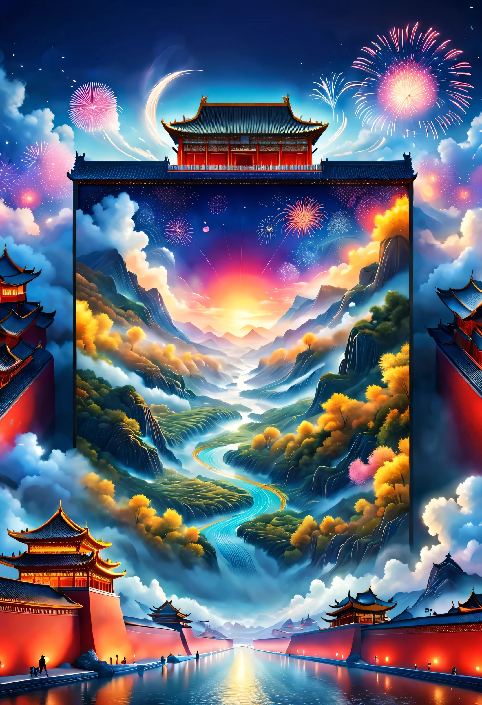 （Giant LED screen giant projection《Thousands of miles of rivers and mountains map》Scene on the red wall of the Forbidden City in China），（Projection screen on the red wall of the palace. Giant LED screen with golden 2024 and Happy new year：1.37）），Inspired by Wang Ximeng of the Northern Song Dynasty《Thousands of miles of rivers and mountains map》Uniformity，Light show，Fireworks bloom in the sky, Many ribbons and confetti fall in the air, (a happy new year)，Giant LED screen：It is 147 meters long、The 27-meter-wide Giant LED screen is like an ancient painting that unfolds slowly.，Playing with the《Thousands of miles of rivers and mountains map》figurative，Render dynamic images，Panoramic intelligent orchestration，
Valerio Orgiatti,author：Shigeru Ban,globalillumination,colored lighting,modern, The content is very detailed, Best quality at best, tmasterpiece, A high resolution, Photofigurative realism, hyper realisitc, current, 8k,LED screen，high - tech，