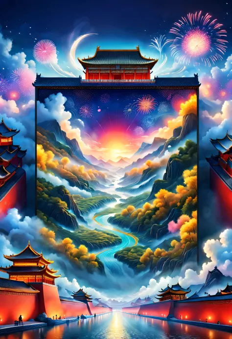 （巨幅LED screen幕巨型投影《Thousands of miles of rivers and mountains map》Scene on the red wall of the Forbidden City in China），（宫殿红墙上的投...