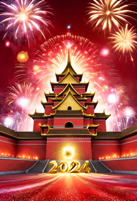 (宫殿红墙上巨大的LED投影屏上投射着金色的2024和a happy new year.），Fireworks bloom in the sky, Many ribbons and confetti fall in the air, (a happy new year)，