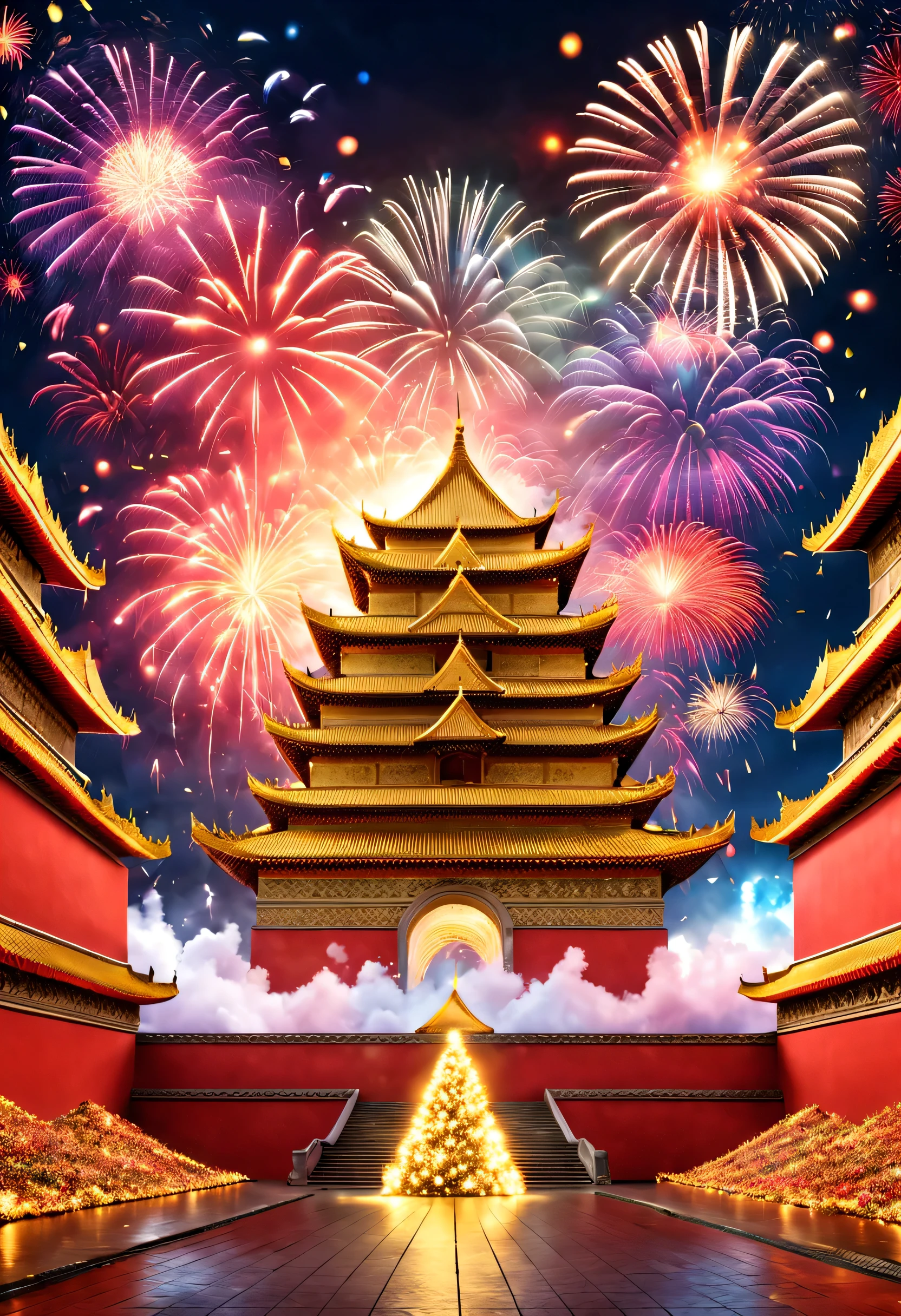 (The huge LED projection screen on the red wall of the palace projects the golden words 2024 and a happy new year., Many ribbons and confetti fall in the air, (a happy new year)，