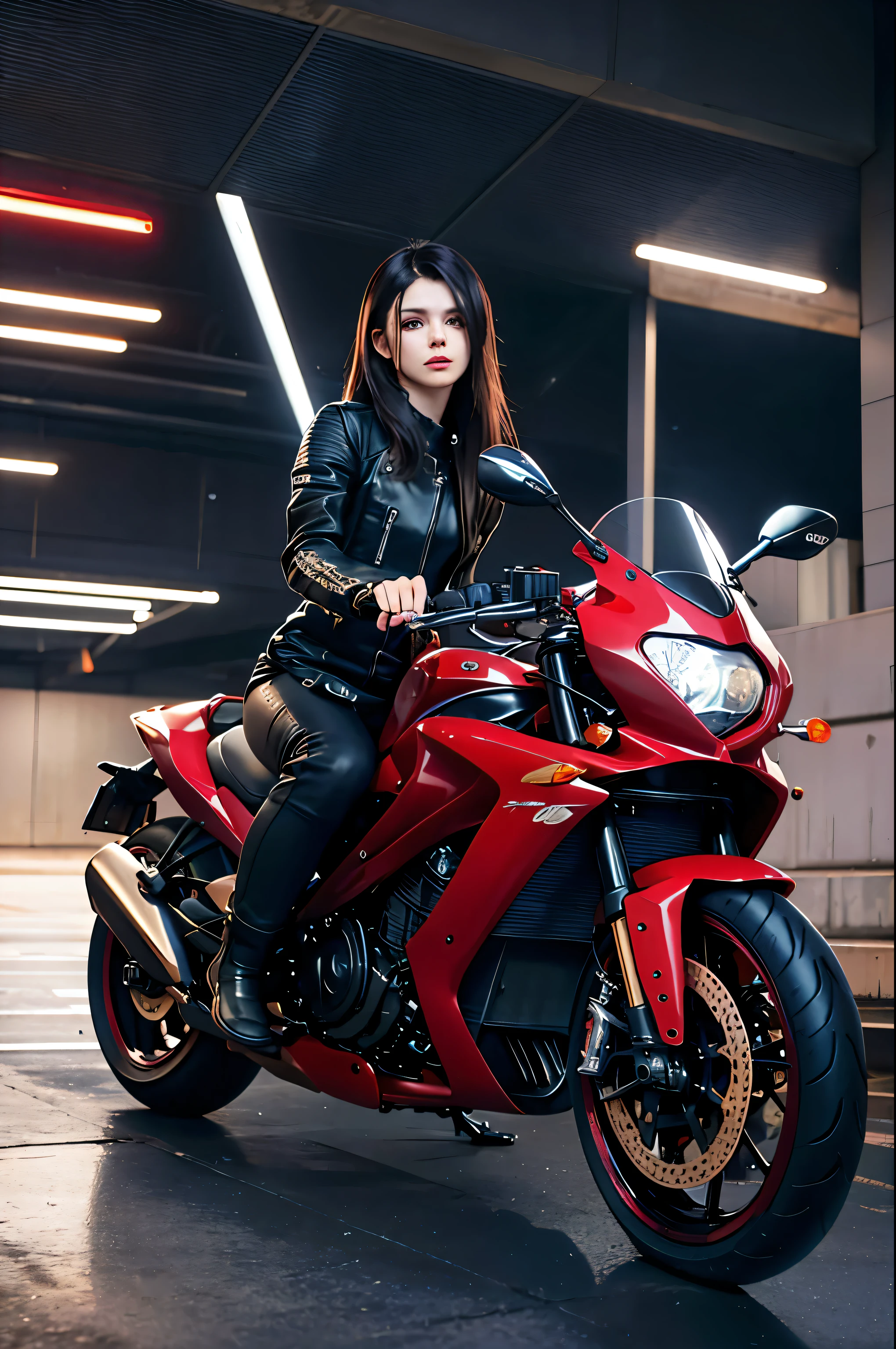araffe sitting on a red motorcycle in a parking garage, sitting on Honda CBR 750 R motorbike, sitting on a motorcycle, motorbiker, riding a motorcycle, motorcycle, 🚿🗝📝, motorcycles, riding a futuristic motorcycle, picture of a female biker, 8 k highly detailed ❤🔥 🔥 💀 🤖 🚀, picture of a male biker, red and cinematic lighting