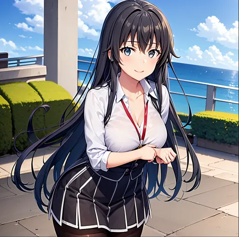 (masterpiece, best quality, detailed), 1girl, alone, yukino yukinoshita, long hair, hair ribbon, looking at viewer, office lady, collared shirt, cleavage, lanyard, wristwatch, sleeves rolled up, high-waist skirt, brown pantyhose, outdoors, rooftop, day, ci...