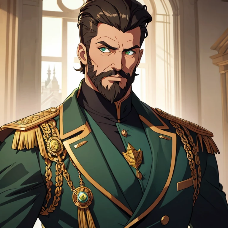 Мужской, капитан рыцарей, высокий, внушительный, благородный, модная одежда, длинная седая борода, зеленые глаза, стрижка помпадур, достойный.