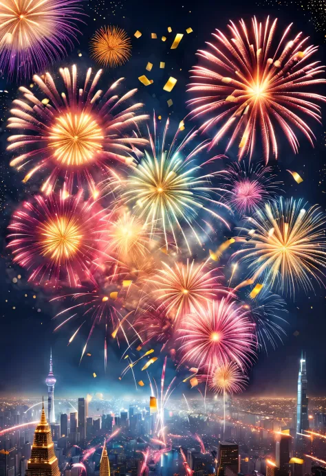 (中国故宫宫殿红墙上巨大的LED投影屏上投射着金色的2024和a happy new year.），Fireworks bloom in the sky, Many ribbons and confetti fall in the air, (a happy new year)，