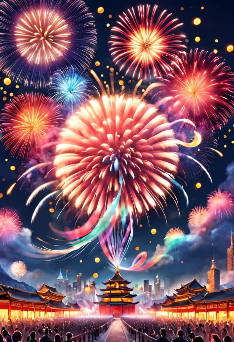 (中国故宫宫殿红墙上巨大的LED投影屏上投射着金色的2024和a happy new year.），Fireworks bloom in the sky, Many ribbons and confetti fall in the air, (a happy new year)，