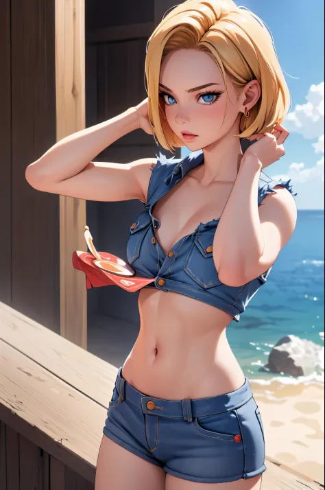 (tmasterpiece, best quality at best), 1 girl, pretty  face, beaturiful body,  android18, 耳nipple ring, denim, obi strip