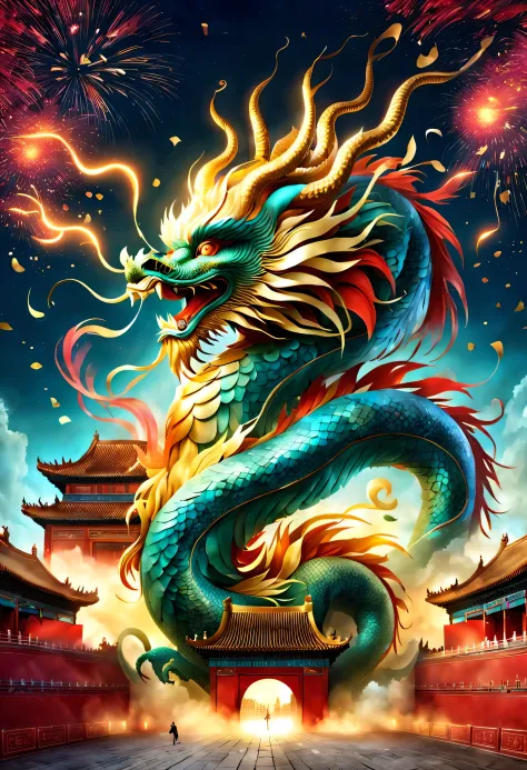 (The golden 2024 and Happy New Year are projected on a huge LED projection screen on the red wall of the Forbidden City in China..），（nigh sky中有许多烟花绽放, Many ribbons and confetti fall in the air,） (Dragon and Phoenix Chengxiang），birthday，red gold and turquoi...
