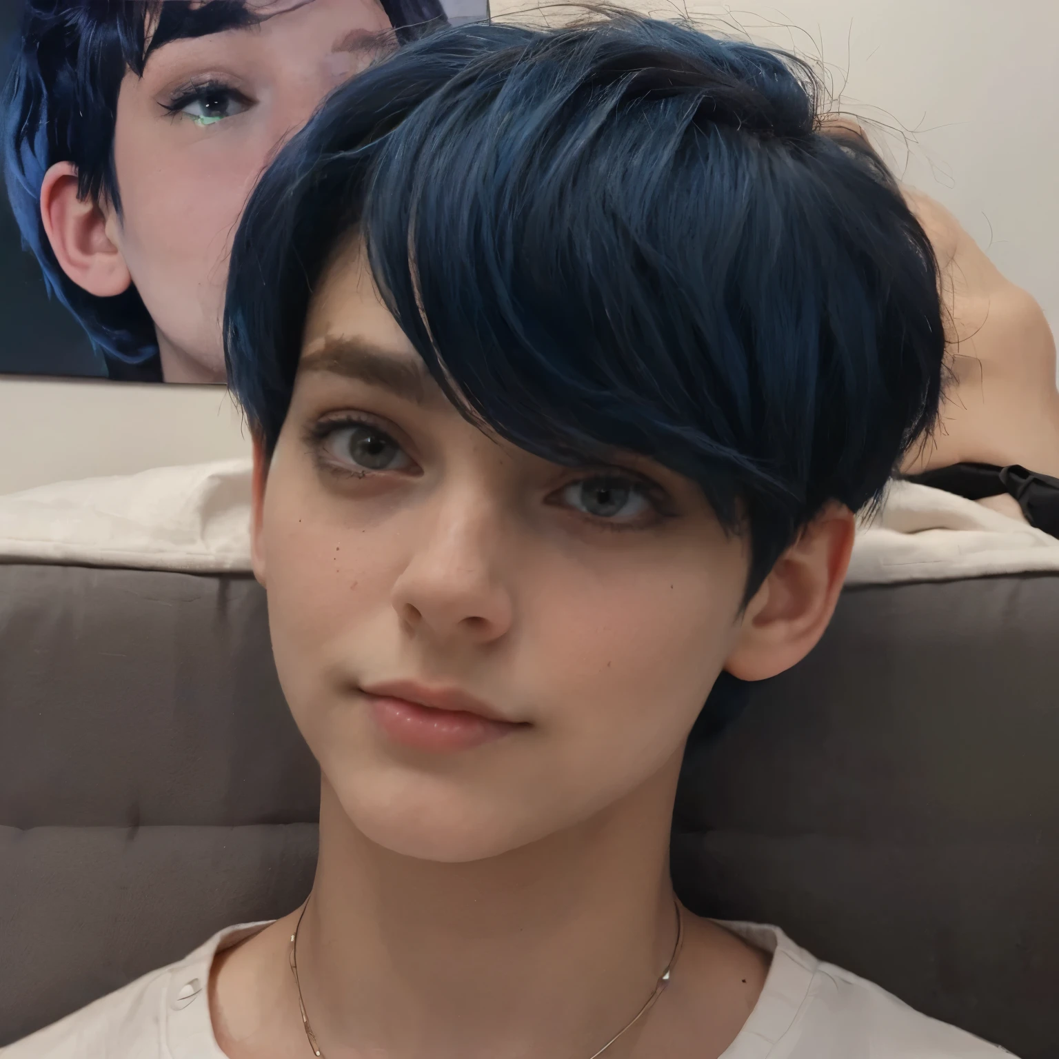 A close up of a person with a blue hair and a white shirt - SeaArt AI