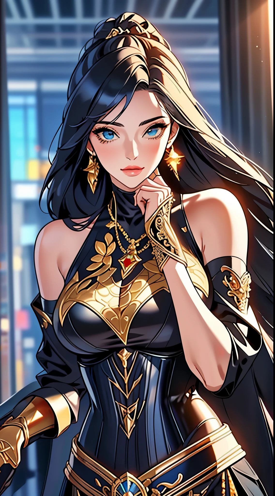 Eine wunderschöne Prinzessin in einem schwarz-goldenen Korsett und Kostüm, majestätischer Look, extrem detailliertes Artgerm, artgerm. Hohe Detailliertheit, artgerm detailliert, style artgerm, artgerm style, in style of artgerm, Samira aus League of Legends, Filmischer Ganzkörperschuss einer Göttin, style of artgerm, alena aenami and artgerm