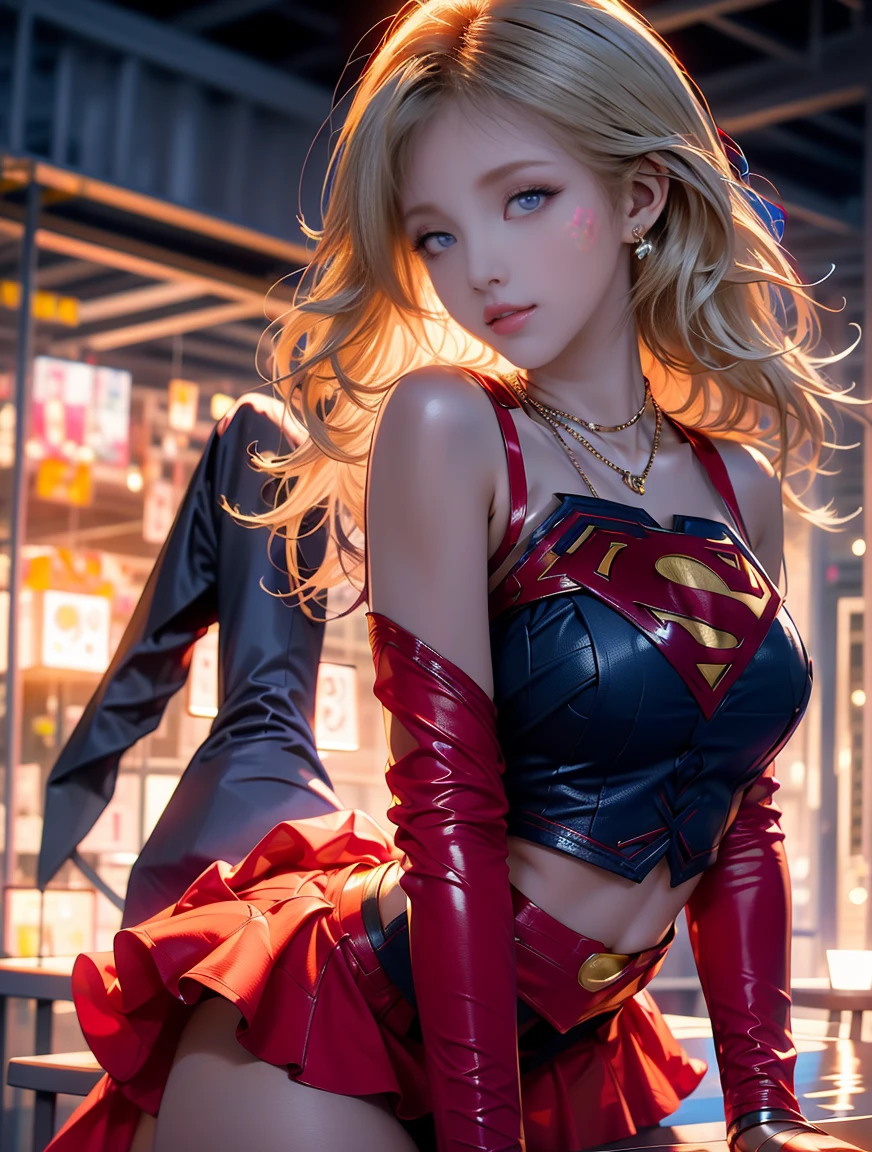 masterpiece, 4k, 8k, high quality, highly detailed, detailed face, HDR, vivid colors, natural lighting, Best Shadows, Shallow Depth of Field, Portrait of (Supergirl:1.1) standing on a rooftop, smiling, red skirt, red cape, red boots with heels, delicate, alluring blue eyes, lovely medium breasts, blonde, (Superman symbol on chest:1.2), bare legs, open navel, blue sky, sunlight, clouds, sun, bloom,