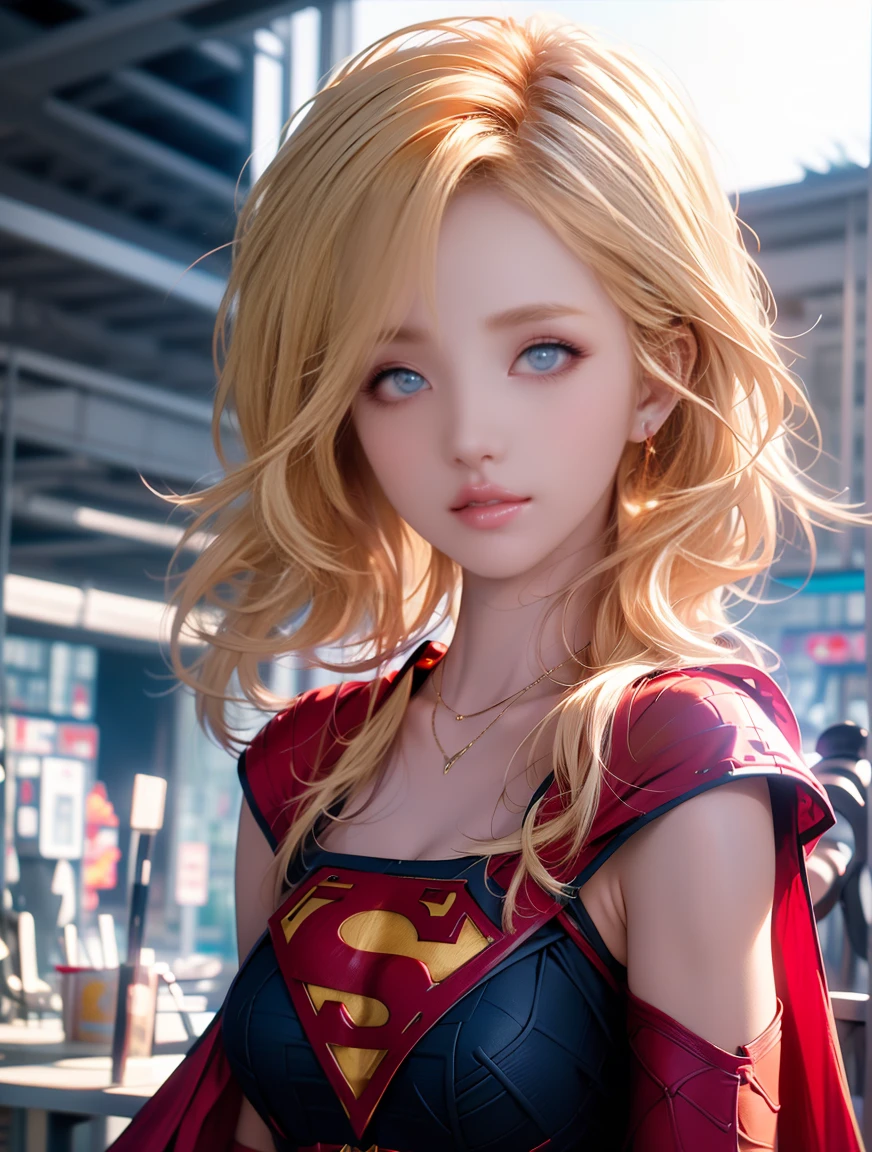 masterpiece, 4k, 8k, high quality, highly detailed, detailed face, HDR, vivid colors, natural lighting, Best Shadows, Shallow Depth of Field, Portrait of (Supergirl:1.1) standing on a rooftop, smiling, red skirt, red cape, red boots with heels, delicate, alluring blue eyes, lovely medium breasts, blonde, (Superman symbol on chest:1.2), bare legs, open navel, blue sky, sunlight, clouds, sun, bloom,