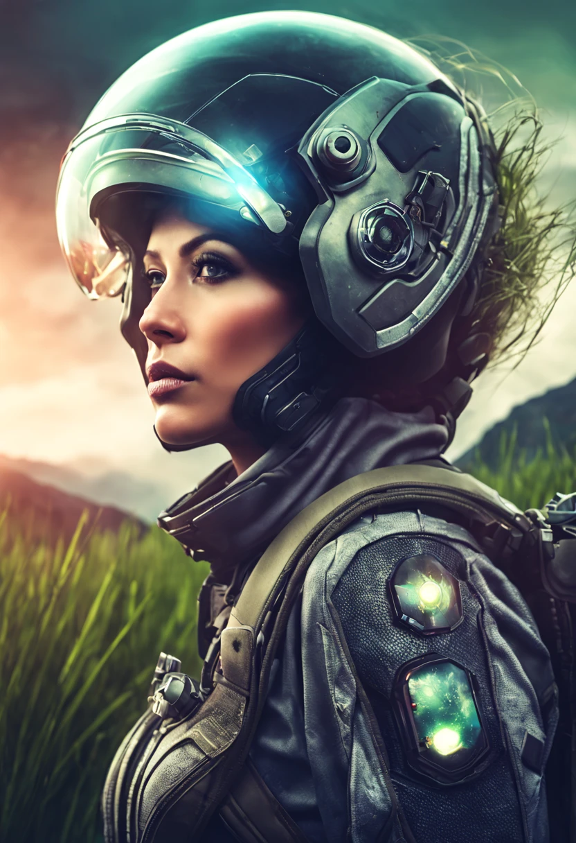 award winning closeup photo of a female (sci-fi explorer:1.3) wearing helmet with hexagonal glass visor, [Style-Psycho::10], beside a (crashed vehicle:1.2), (smoke:1.4), looking out over a verdant alien planet, (mountains:1.2) (tall grass:1.2), rocks, highly detailed, fine detail, (intricate:1.3), (lens flare:0.6), (backlighting:0.8), (bloom:0.8), shallow depth of field